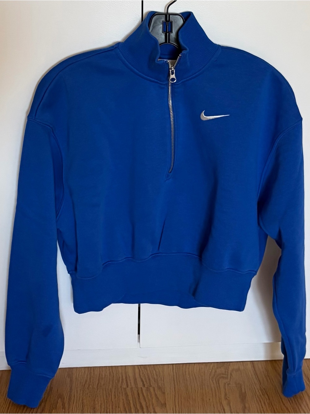 Nike Blue Quarter-Zip Cropped Pullover with White Swoosh
